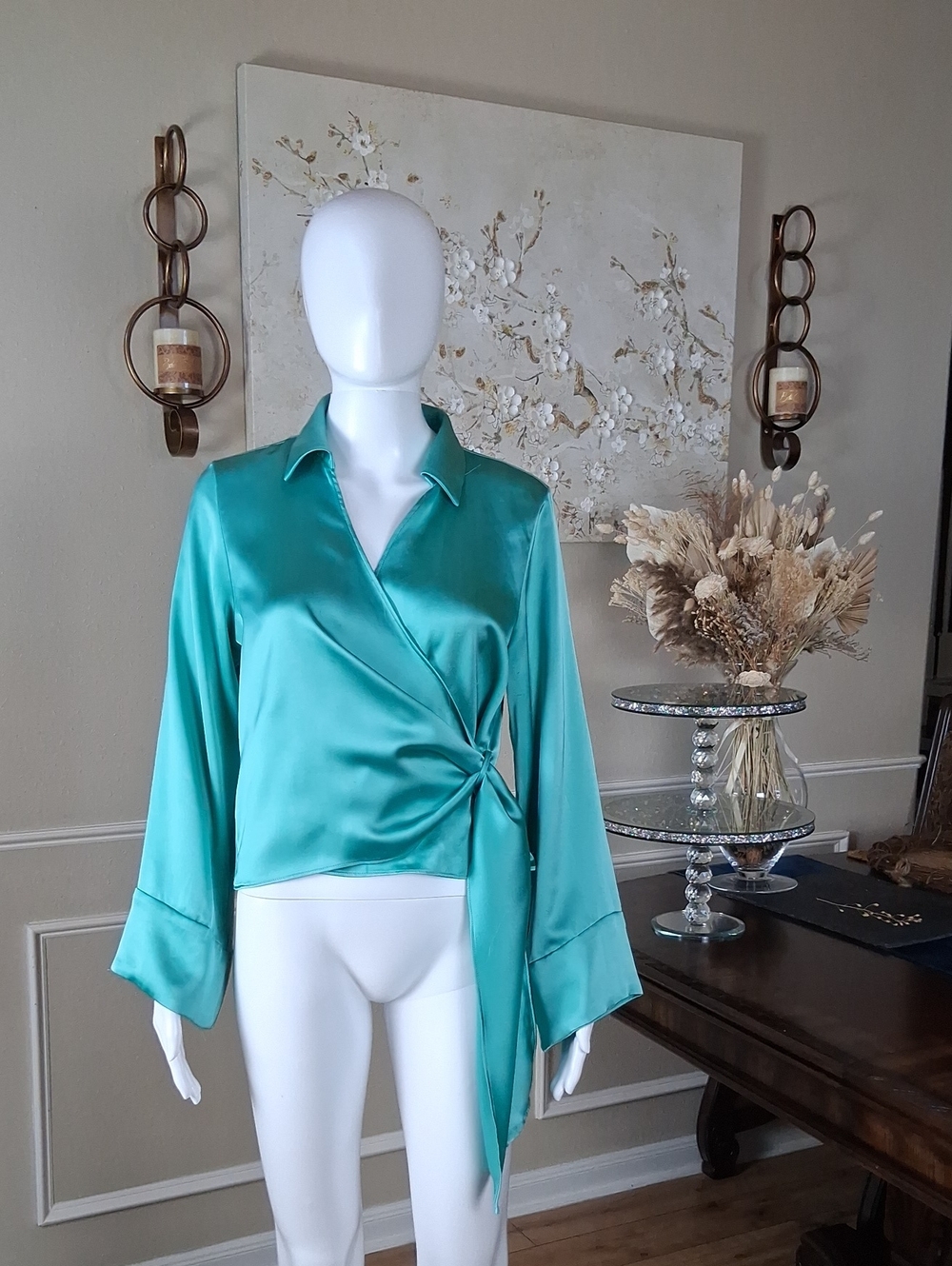 Zara Women's Teal Satin Glossy Fluid V Neck Wrap Long Sleeves Blouse Medium - Picture 6 of 16